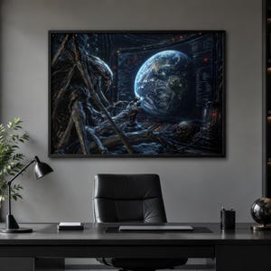 May include: A framed artwork depicting a dark, futuristic scene with an alien figure and a glowing Earth. The artwork is mounted on a gray wall above a black desk with a lamp, office supplies, and a globe. A black leather chair is in front of the desk.