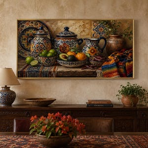 May include: A rectangular wall art print featuring a still life composition of colorful Talavera-style ceramic pottery, including lidded jars, a pitcher, and bowls filled with fresh limes, avocados, and oranges, set on a rustic wooden table.