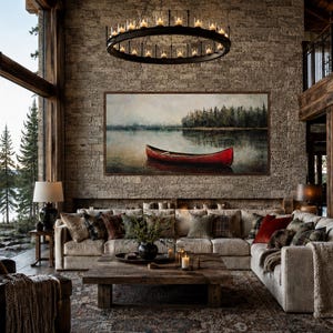 Red Canoe Retro Painting Canvas PRINT, Large Rustic Cottage Cabin Wall Art, Lake House Decor, Canoe Wall Decor, Ready To Hang