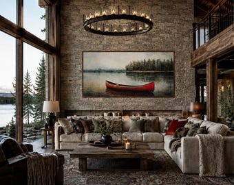 Red Canoe Retro Painting Canvas PRINT, Large Rustic Cottage Cabin Wall Art, Lake House Decor, Canoe Wall Decor, Ready To Hang