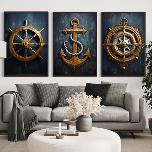 Nautical Wall Art Set of Three Maritime Prints Navy Blue Gold Coastal
