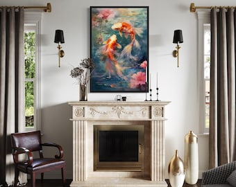 Koi Fish Wall Art - Watercolor Japanese Painting - Vertical Canvas Print - Housewarming, Wedding Gift - Framed Or Unframed Ready To Hang