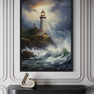 a painting of a lighthouse on a rocky cliff, with crashing waves in the foreground.
