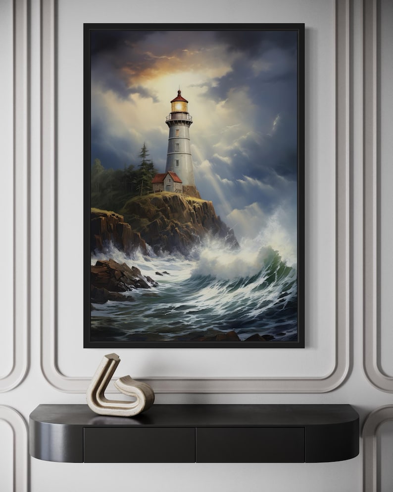 a painting of a lighthouse on a rocky cliff, with crashing waves in the foreground.