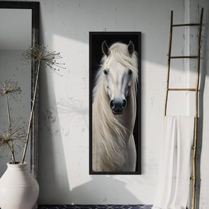 Black White Vertical Horse Wall Art, White Horse Painting Canvas Print On Tall Long Narrow Canvas Framed Ready To Hang