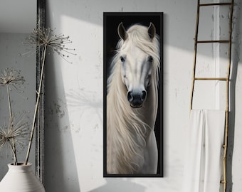 Black White Vertical Horse Wall Art, White Horse Painting Canvas Print On Tall Long Narrow Canvas Framed Ready To Hang