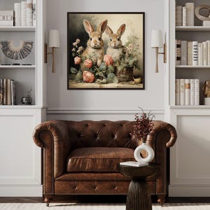 a cozy living room with a brown leather armchair, a wooden side table, and a framed painting of two rabbits sitting on a shelf. The room is decorated with various books, vases, and other knick-knacks, creating a warm and inviting atmosphere.