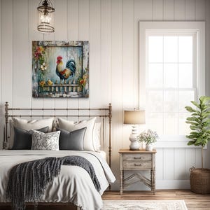 a cozy bedroom with a rustic charm, featuring a wooden bed frame, a framed painting of a rooster, and a potted plant.