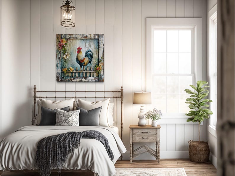 a cozy bedroom with a rustic charm, featuring a wooden bed frame, a framed painting of a rooster, and a potted plant.