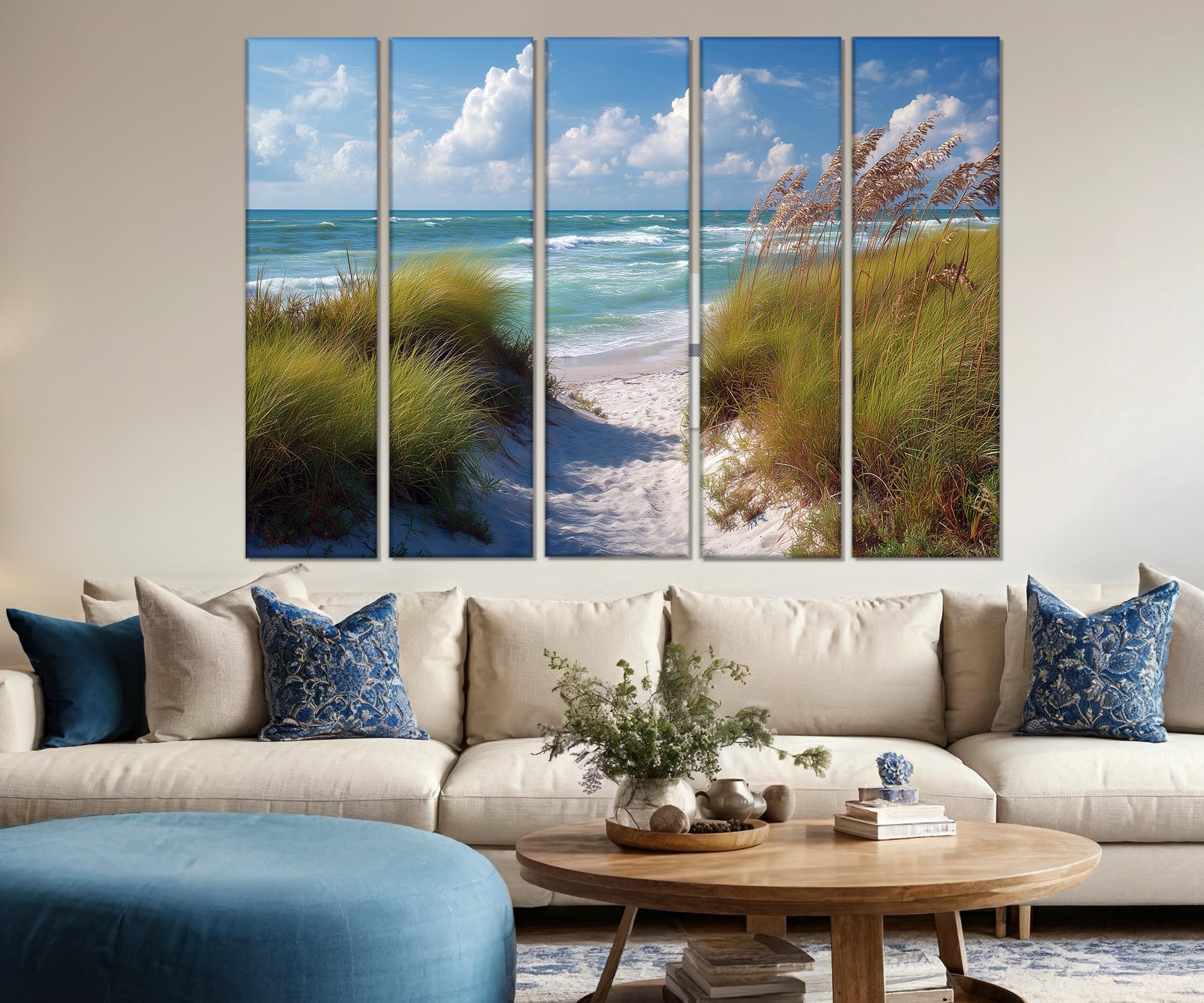 Set of 5 Coastal Beach Canvas Prints - Ocean Dunes and Sea Grass Wall ...