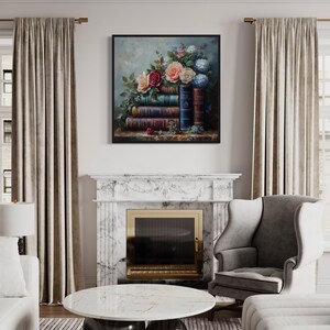 a cozy living room with a fireplace, a bookshelf filled with books, and a round marble coffee table.