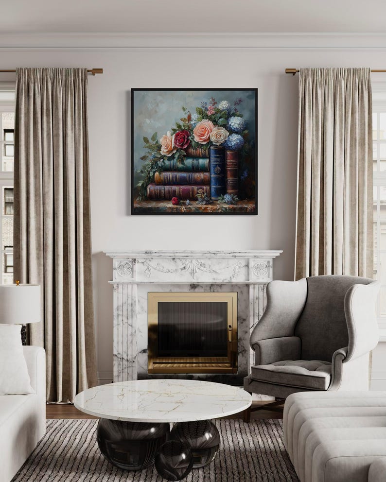 a cozy living room with a fireplace, a bookshelf filled with books, and a round marble coffee table.