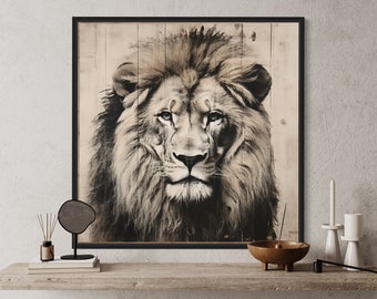 Lion Portrait on Distressed Wood Painting Canvas Print, Rustic Minimalist Lion Wall Art, Farmhouse Decor Framed/Unframed Ready To Hang