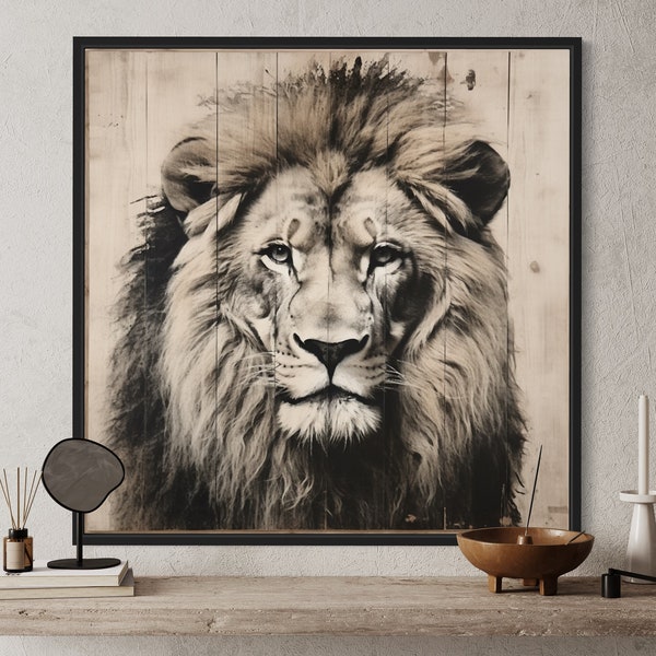 Lion Portrait on Distressed Wood Painting Canvas Print, Rustic Minimalist Lion Wall Art, Farmhouse Decor Framed/Unframed Ready To Hang