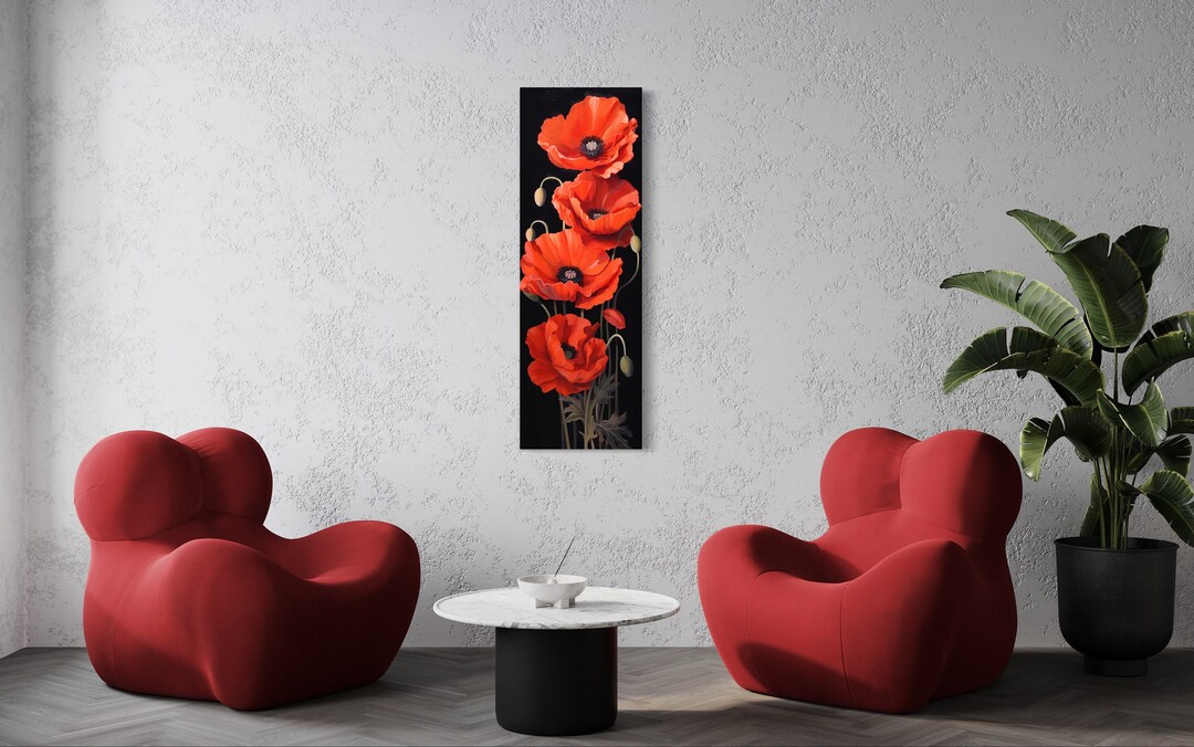 Long Narrow Vertical Wall Art Red Poppies Painting Canvas Print, Tall