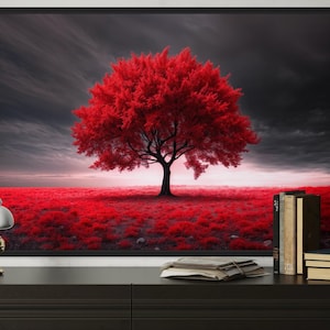 Red Tree On Black Background Wall Art - Tree Painting Canvas Print - Living Room Decor Decor Framed Or Unframed Ready To Hang