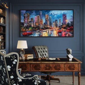 Houston Skyline At Night Canvas Wall Art – Modern Cityscape Painting For Office, Living Room, Or Man Cave Framed Ready To Hang