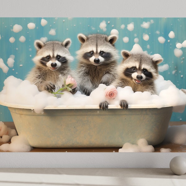 Bathroom Wall Art - Three Racoons In a Bathtub Watercolor Painting Canvas Or Poster Art Print -  Framed Or Unframed Ready To Hang