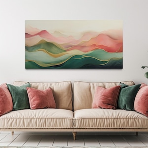 Blush Pink Green Abstract Wall Art - Mountain Landscape Painting Canvas PRINT, Long Horizontal Living Room Bedroom Wall Decor Ready To Hang