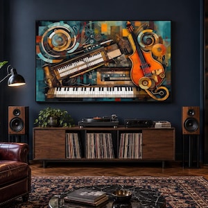 May include: A large rectangular wall art piece featuring a vibrant abstract composition of musical instruments, including a piano keyboard and a stringed instrument, rendered in shades of orange, teal, and brown with circular geometric patterns.