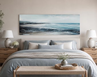Coastal Wall Art Over Bed Long Narrow Horizontal Ocean Beach Painting, Extra Large Canvas PRINT Ready To Hang