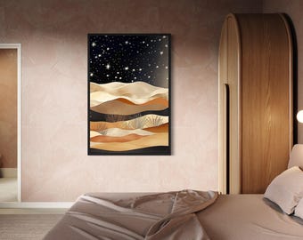 Boho Arizona Desert Under Night Sky Wall Art, Starry Sky Above Desert Painting Canvas Print Framed or Unframed Ready To Hang