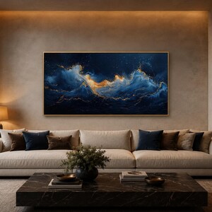 Abstract Navy Blue Gold Ocean Wave Painting Canvas PRINT, Minimalist Modern Ocean At Night Wall Art, Seascape, Art For Mens Bed image 16