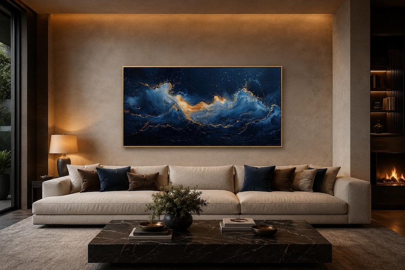 Abstract Navy Blue Gold Ocean Wave Painting Canvas PRINT, Minimalist Modern Ocean At Night Wall Art, Seascape, Art For Mens Bed image 16