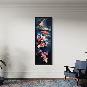 a living room with a large painting of colorful fish hanging on the wall, a blue armchair, and two potted plants.