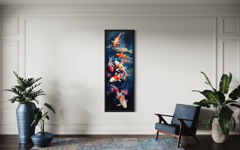 a living room with a large painting of colorful fish hanging on the wall, a blue armchair, and two potted plants.