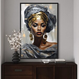 a large framed painting of a woman with a headdress, displayed on a wooden cabinet or dresser in a room.