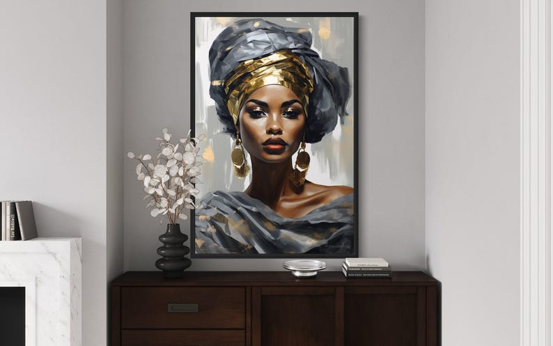 a large framed painting of a woman with a headdress, displayed on a wooden cabinet or dresser in a room.