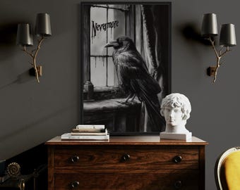 Nevermore Raven Gothic Wall Art, Edgar Allan Poe Inspired Dark Bird Print, Macabre Window Scene, Framed Ready To Hang