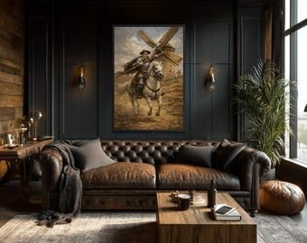 May include: A living room with a brown leather sofa, a wooden coffee table, and a large framed painting of a person on a horse in front of a windmill. The room has dark walls and a large window.
