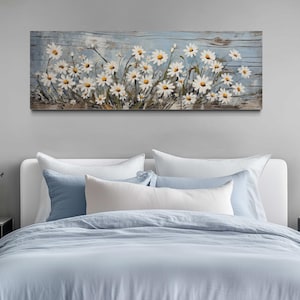 Rustic White Wildflowers Painted on Blue Wood Canvas PRINT, Farmhouse Wall Art, Long Horizontal Over Bed Wall Decor Framed Ready To Hang