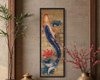 Tall Narrow Chinese Style Koi Fish Vertical Wall Art, Zen Koi Fish Painting Canvas PRINT, Vertial Decor Ready To Hang