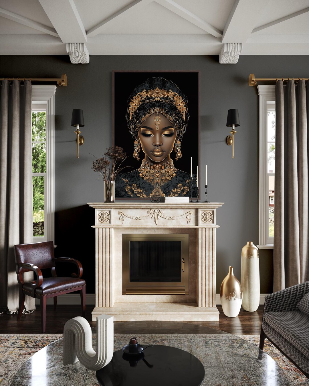 African American Woman Black and Gold Portrait Wall Art – Regal Style ...