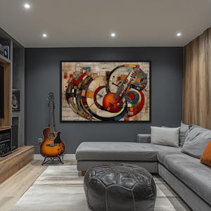 a modern living room with a large abstract painting on the wall, a guitar, a gray sectional sofa, and a wooden bookshelf.