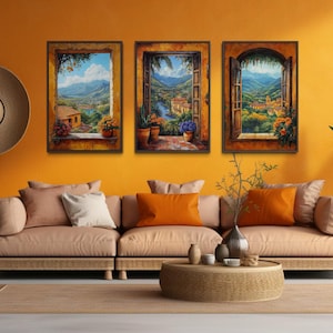 Mexican Window View Wall Art Set of 3 Canvas Prints, Colorful Hacienda Landscape Through Open Windows, Mexico Inspired Decor