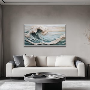 Peut inclure: Une &oelig;uvre d'art murale rectangulaire pr&eacute;sentant une repr&eacute;sentation textur&eacute;e et tridimensionnelle d'une vague oc&eacute;anique d&eacute;ferlante. L'&oelig;uvre affiche des nuances tourbillonnantes de bleu sarcelle profond, de bleu clair et de blanc cr&egrave;me.