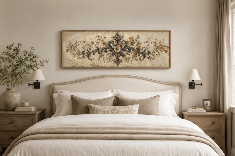 Damask Wall Art Above Bed, Antique Neutral Ornamental Design Painting ...