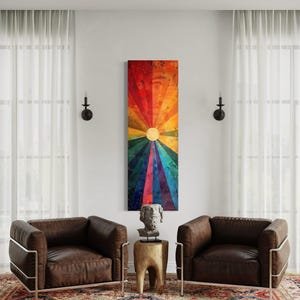 Vertical Wall Art, Tall Narrow Sun Colorful Orange Purple Sun Rays Long Vertical Mid Century Modern Painting, Slim Wall Decor Ready To Hang