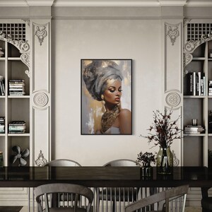 a modern dining room with a large painting of a woman's face hanging on the wall above a wooden table with chairs. The room has a high ceiling and ornate moldings, creating an elegant and sophisticated atmosphere.