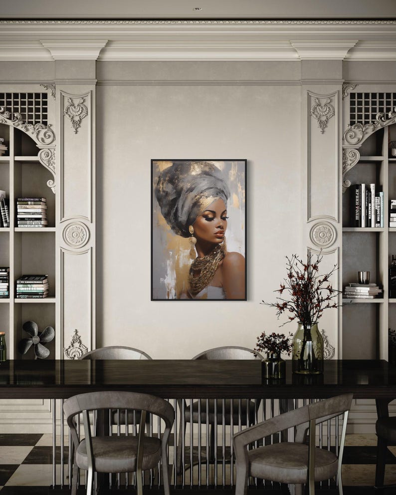 a modern dining room with a large painting of a woman's face hanging on the wall above a wooden table with chairs. The room has a high ceiling and ornate moldings, creating an elegant and sophisticated atmosphere.