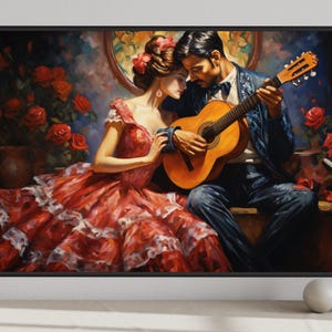 A painting of a man playing a guitar while a woman sits beside him, both dressed in elaborate red and white attire. The background is filled with red roses, creating a romantic and intimate atmosphere.