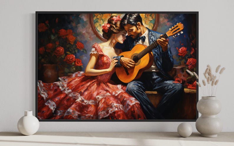 A painting of a man playing a guitar while a woman sits beside him, both dressed in elaborate red and white attire. The background is filled with red roses, creating a romantic and intimate atmosphere.