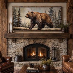 Grizzly Bear In Forest Painting On Wood Effect Canvas PRINT, Wildflife Wall Art, Lodge Decor Rustic Cabin Art, Extra Large Animal Wall Art