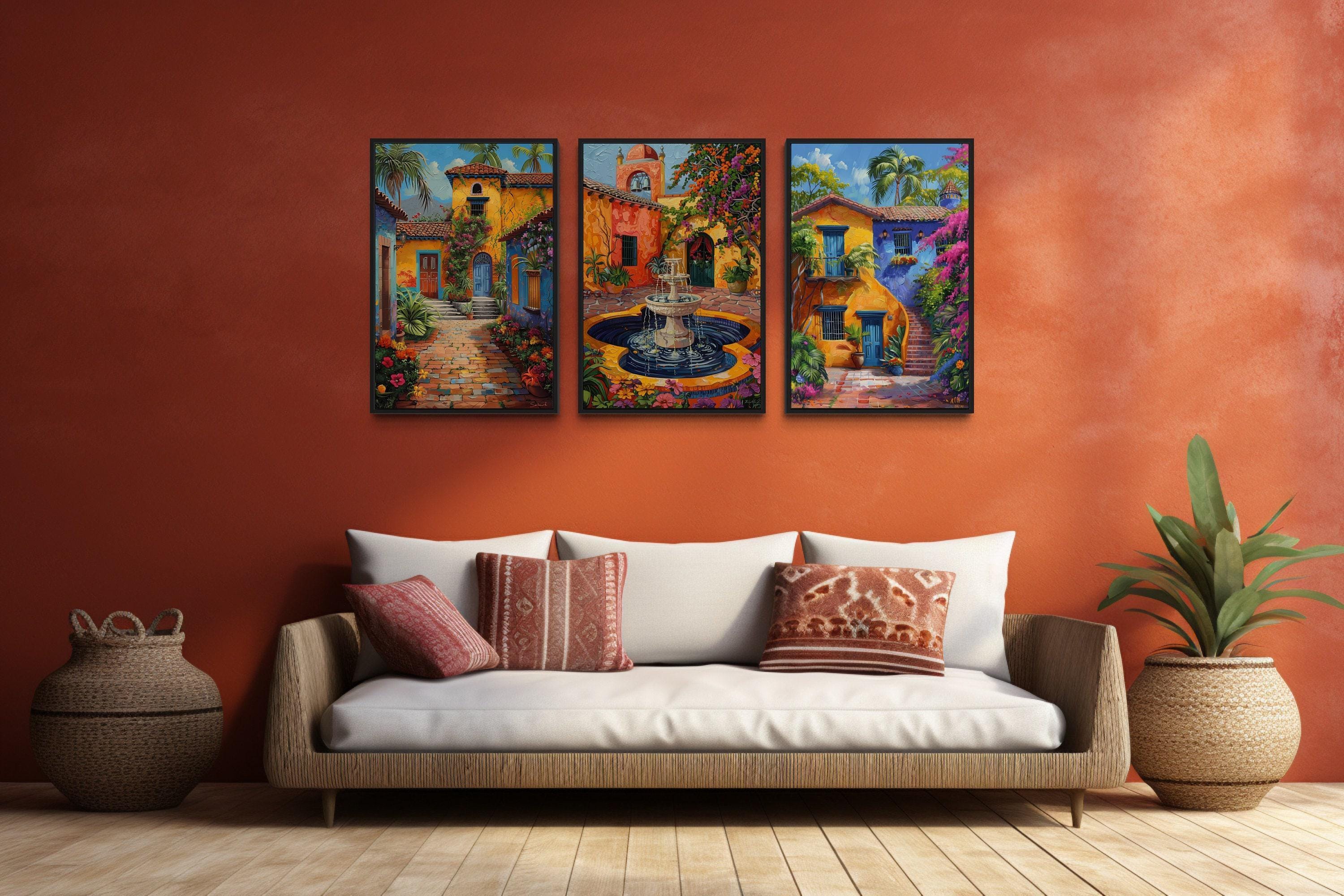 Set of Three Mexican Wall Art, Colorful Mexican Courtyard Garden and ...