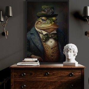 Victorian Toad Retro Portrait Painting Poster Or Canvas PRINT, Frog Fashion, Dark Academia Art, Gothic Wall Decor Framed Ready To Hang