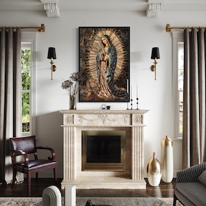 Our Lady of Guadalupe Wall Art, Blessed Virgin Mary Mosaic Painting Canvas Print - Black Gold Christian  Wall Art, Framed Ready To Hang